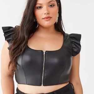 Forever 21 Cropped Faux Leather Ruffle Zip Top